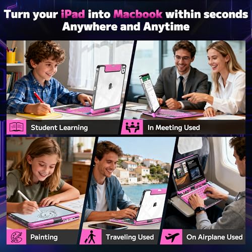 Image of Clear Keyboard Case for iPad Pro 11 Inch (M4 /M5 2024 /2025) 360 Swivel Multi-Touch Trackpad,with Wireless Bluetooth 3-Brightness & 7-Color Backlit, Pencil Holder tecla de acceso directo Pink