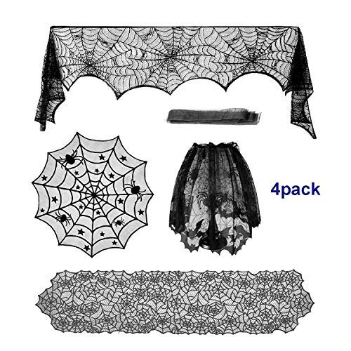 Halloween Decoracion Set, Telaraña Rectangular Mantel de Encaje, Redondo Cubierta de Mesa de Encaje,Pantalla de Lámpara y Chimenea Bufanda Cubierta para la Fiesta de Halloween,4 Piezas (Negro)