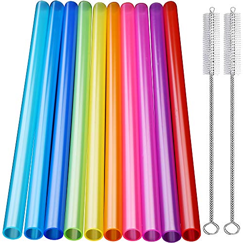 KKMO 10 PCS Extra Wide Reusable Smoothie Boba Straws with 2 Brushes - Multi Colors Big Jumbo Plastic Straws, Great for Bubble Tea(Tapioca, Boba Pearls), Milkshakes,Smoothies,BPA Free and Eco-friendly