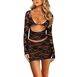 Women Y2k 2 Piece Skirt Set Sexy Lace Sheer Mesh Crop Top High Waist Bodycon Mini Skirt Two Piece Going Out Outfit(00-Ls- Black,s)