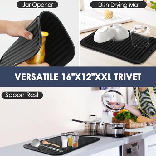 Image of Black Silicone Trivet 16'' X 12'' Silicone Hot Pads for Kitchen Nonslip and Heat Resistant Hot Pads Trivets for Kitchen Quartz Countertops (Black)