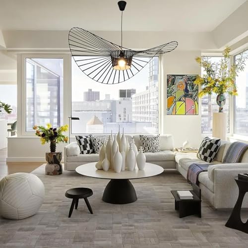 Image of Modern Black Woven Chandelier, 47.2 inch Farmhouse Coastal Hat Pendant Light Fixtures Matte Black Handwoven Shade Boho Pendant Hanging Lamp for Dining Room Kitchen Bedroom Foyer Hallway living room