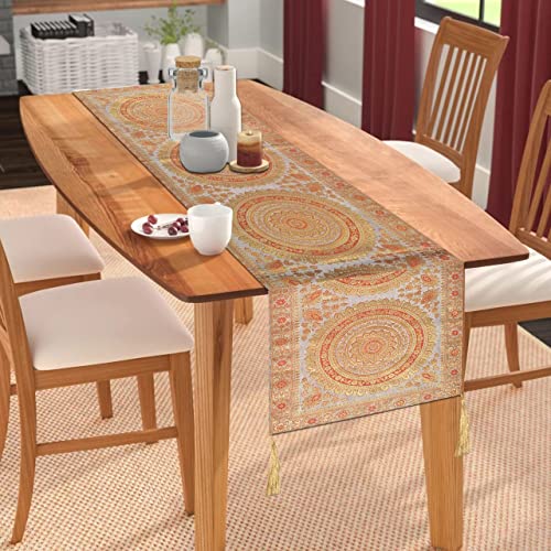 Image of Diwali Decor Brocade Jacquard Silk Table Runner Long Runner for Dinning & Centre Table Mandala Print 72 x 16 Inches (Grey)