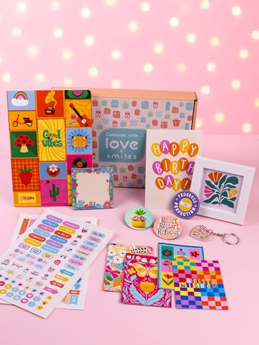 Image of DOODLE Happy Vibes Gift Hamper for Girls | 14 Cute Goodies with Notebook, Stickers, Photo Frame, Magnets, Key Ring, Thoughtful Card, Notecards & Chit Pad | Ready-to-Gift Birthday Hamper