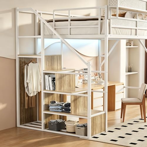 Image of Full Size Metal Loft Bed with Storage Stairs, Wardrobe & Charging Station