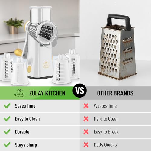 Image of Zulay Kitchen Rotary Cheese Grater 5 Blade Cheese Shredder - Manual Hand Crank Cheese Grater With Reinforced Suction & 5 Interchangeable Drums - Easy to Use, Vegetable Chopper Round Mandoline Slicer