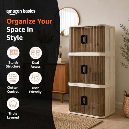 Image of Amazon Basics Plastic Storage Cabinet with Dual Front Doors, Multi-Purpose Organizer for Home, Kitchen & Kids Room, Durable & Lightweight (Medium Size, 3 pic)