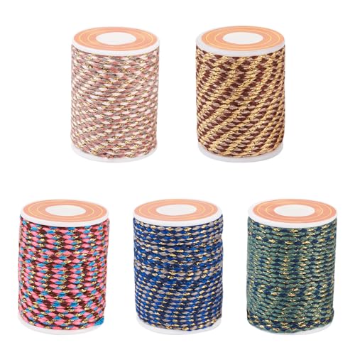 Spritewelry Lot de 5 rouleaux de cordon tressé en polyester 4 plis de 1,5 mm pour loisirs créatifs, tricot, fabrication de bijoux, couture, tentures murales