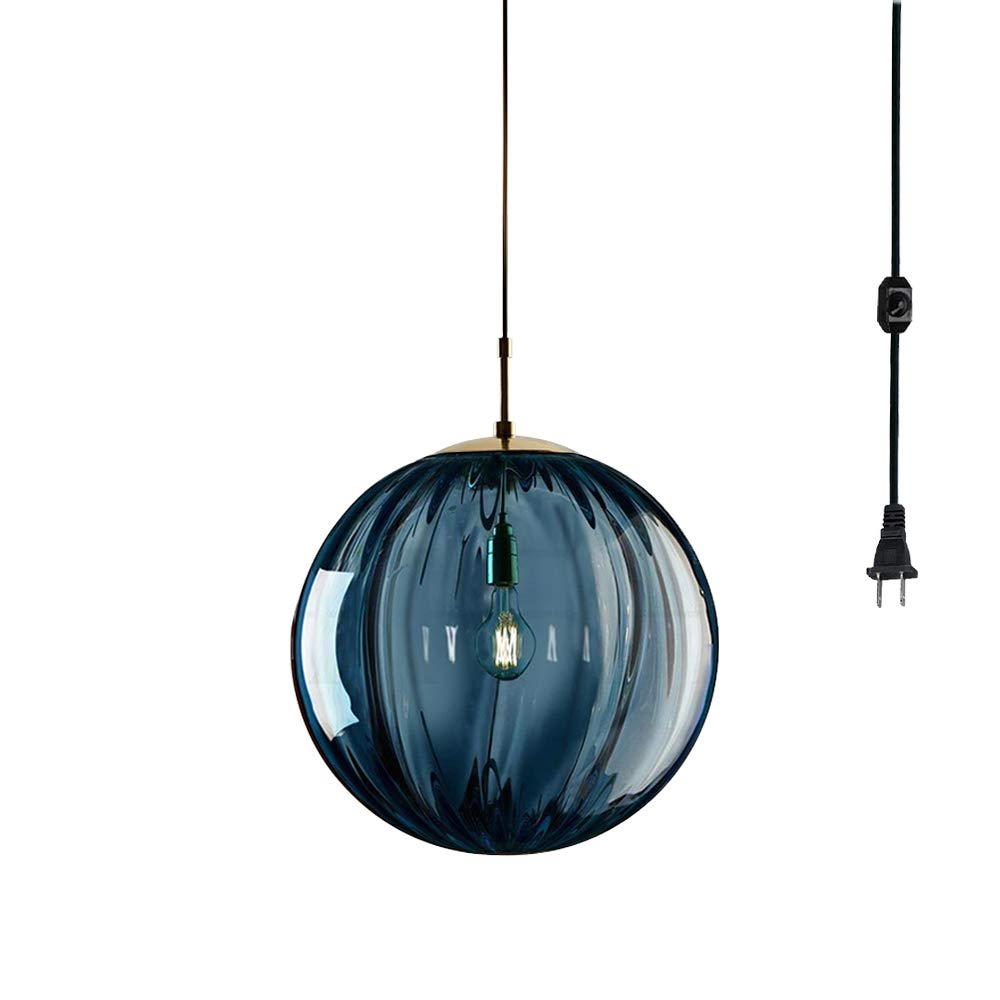 ANYE 15ft Black Plug in Dimmer Switch Cord Nordic Creative Style Blue Glass Lampshade with E26 Lampholder Pendant Lighting for Loft Corridor Restaurant Bulb Not Included