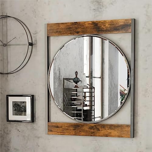 Artloge Decorative Wall Mirror Industrial: 24 Inch Round Silver Glass Vanity With Rustic Wood Edge And Black Rectangular Frame cover