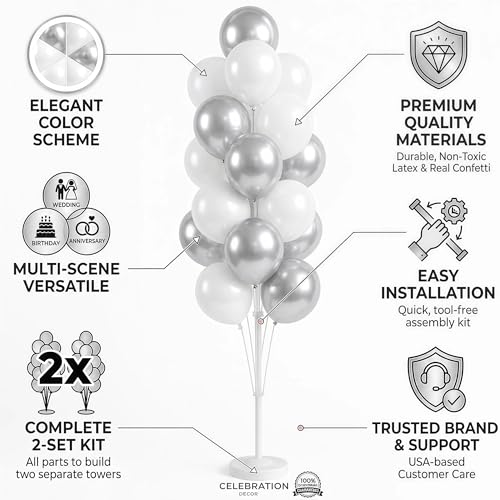 Image of Balloon Column Kit Set of 2 With Balloons Included - with Base, and Pole,Balloon Tower Backdrop Decoration for Wedding, Baby Shower, Birthday Party, or Bachelorette Parties (Silver White)