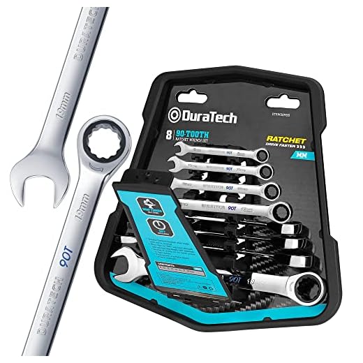 DURATECH 90-Tooth Ratcheting Wrench Set, Combination Wrench Set, 8-Piece, Metric, 8, 10, 12, 13, 14, 15, 17, 19mm, CR-V Steel, Organized in Wrench Rack