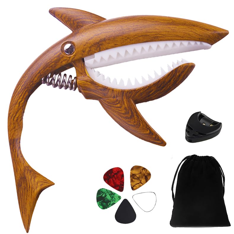 Shark Guitar Capo for Acoustic & Electric Guitar, Ukulele – Zinc Alloy No Buzz Capo with Wood...
