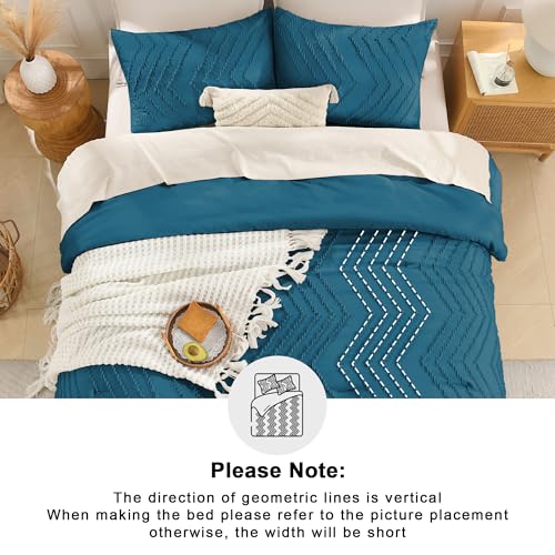 Image of Andency Teal Comforter Set Queen Size, Boho Soft Warm Tufted Bedding Comforter Sets for Queen Size Bed, 3 Pieces Aesthetic Chevron Farmhouse Cute Bohemian Textured Bed Set