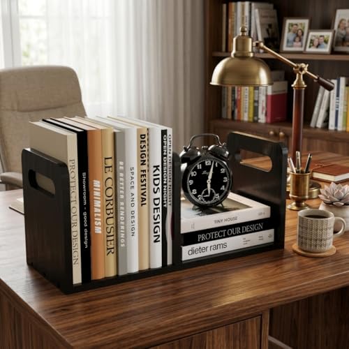 Image of 100% Solid Wood Adjustable Desktop Bookshelf with Movable Divider, Retro Tabletop Bookshelf with Convenient Handle Design for Living Room, Home, Office, Perfect for Magazine Book (Black)