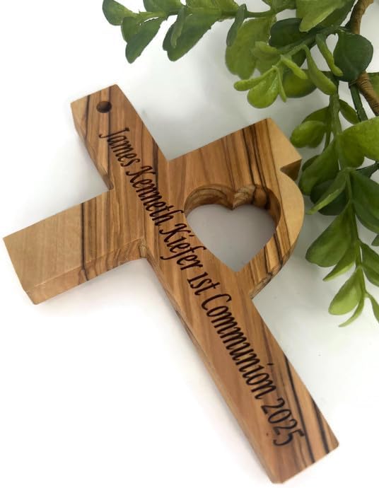 Personalized Engraved Wooden Cross, Holy Land Olive Wood Cross with Heart for Wall, Custom Baptism Gift, Confirmation Cross, First Holy Communion Gifts for Girls, Christening Crucifix For Boys