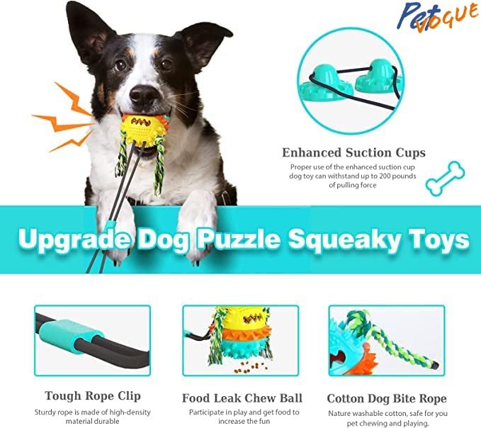 Image of PetVogue Interactive Dog Toy Include a tug-of-war Rope with a Teeth-Cleaning Ball a Suction Cup Dog chew Toy for Aggressive chewers a Treat-Dispensing Squeaky Dog Toy with Self-Playing (Blue, Yellow)