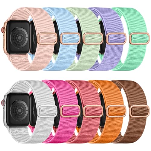 Image of Maledan 10 Pack Stretchy Solo Loop Compatible with Apple Watch Band 40mm 38mm 41mm 42mm 44mm 45mm 46mm 49mm Women Men,Soft Nylon Elastic Braided Strap for iWatch Series 11 10 9 8 7 6 5 4 3 2 1 SE Ultra
