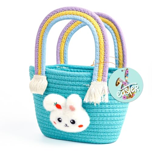 Image of Exun Bunny Baskets for Kids, Cute Cotton Tote Bag Hand-Woven Handbag with Rainbow Handles, Easter Egg Hunt Basket Bags for Boys, Girls, Toddler, Babies, Easter gift basket Personalized (Green)