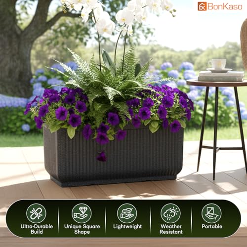 Image of BonKaso 24 Inch Window Planter for Indoor & Outdoor | Heavy Duty Durable Polymer Flower Pot Gamla | Lightweight Rectangular Modern Planter for Balcony, Terrace, Living Room & Office Decor (Dark Grey)