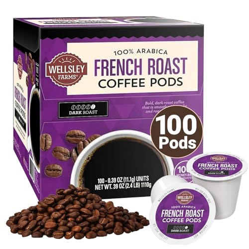 Wellsley Farms French Roast Coffee Pods - Crafted with 100% Arabica Coffee Beans - Dark Roast - Smooth, Smoky & Roasted Nut Notes - Compatible with Single-Serve Brewers - 39oz (100 Count)