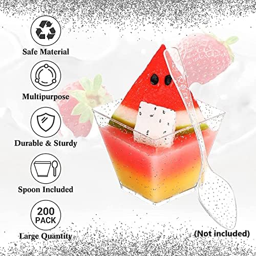KAHEIGN 100Pcs Mini Silver Glitter Dessert Cups, 60ml Plastic Square Dessert Cups Clear Parfait Appetizer Cup Reusable Serving Bowl for Dessert Pudding Mousse Party (5 x 5cm)