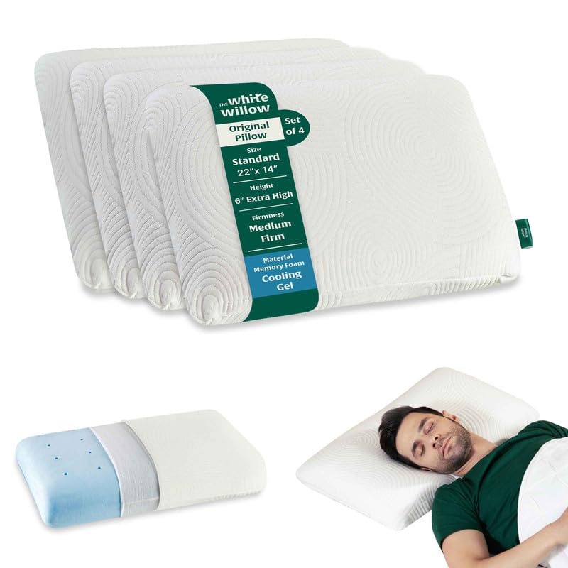 The White Willow Memory Foam Pillow Set of 4-Cool Gel Pillow for Neck & Shoulder Pain-Cervical Pillow for Sleeping-Orthopedic Pillow for Back, Side & Stomach Sleepers-Thick-Standard-6" H-White