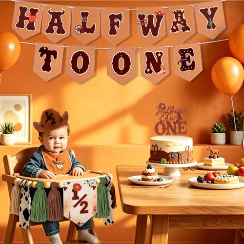 Image of 1 /2 Birthday Boy Half Birthday Decorations - Western Cowboy Half Way to One Banner, My First Rodeo Birthday Hat, Cake Topper, Tassel Chair Banner for Boys 6 Months Birthday Decorations Party Supplies