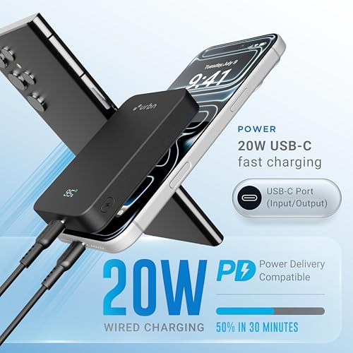 Image of URBN Slate Qi2 MagSafe Power Bank 10000mAh | 15W Magnetic Wireless Charging | 20W USB-C PD Fast Charging | LED Display | Premium Metallic Finish | 1 Year Warranty (Black)