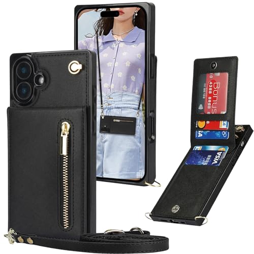 Ysnzaq Wallet Case for iPhone 16 6.1" with Crossbody Lanyard Strap & Credit Card Holder for Women PU Leather Zipper Purse Flip Folio Cover Case for iPhone 16 / Apple 16. XK-Black