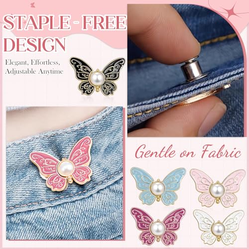 Image of TecoKart 5 Sets Butterfly Jean Buttons Waist Tightener for Loose Pants, No-Sew Adjustable Waist Buckle Clips, Detachable Decorative Jean Button Pins for Women's Jeans & Skirts