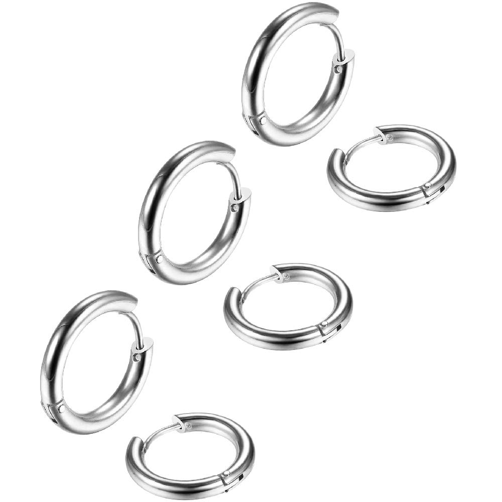 3-4 Pairs 8mm-20mm Stainless Steel Men Women Hoop Earrings Cartilage Lip Piercing Nose Hoop 16G (Silver-tone 3 Pairs(8mm))