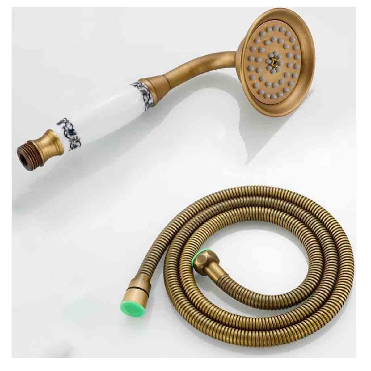 Vintage mosiężny ręczny prysznic z ceramicznym uchwytem, tradycyjna słuchawka prysznicowa w stylu telefonu, wąż 150 cm, antyczna armatura prysznicowa do łazienki (Combo 1)