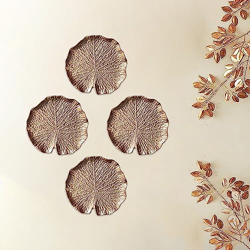 Image of Art Street Golden Lotus Leaves Tray MDF Wall Plate For Living Room, Decorative Wall Hanging Carved Decal for Home Decor (Set of 4, 7.2x7.4 Inch)