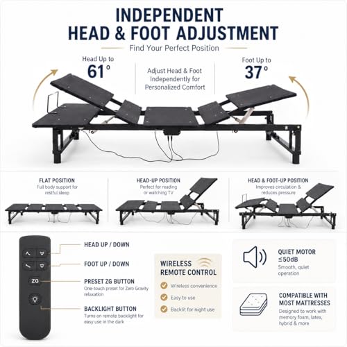 Image of Adjustable Queen Bed Frame with Head and Foot Incline Wireless Remote Ports USB, Under-Bed Nightlights, Zero Gravity Quiet Motor (Light Gray)