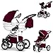 16 teiliges Qualitäts-Reisesystem 3 in 1"COSMO-ECO" - KUNSTLEDER: Kinderwagen + Buggy + Autokindersitz + Schwenkräder - Mega-Ausstattung - Farbe (CE-6) WEIß-BORDEAUX KUNSTLEDER-WEIß