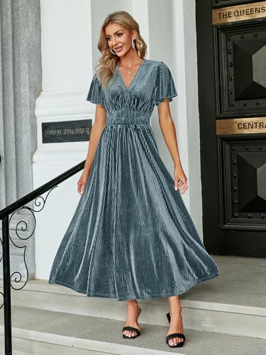 Image of Simplee Women's V Neck Velvet Maxi Dress Short Sleeve Empire Waist Long Formal Dress for Wedding Guest