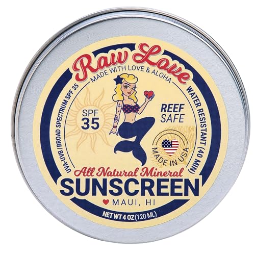 Raw Love Reef Safe Sunscreen SPF 35+ | Nourishing Mineral Sunscreen + Non-Nano Zinc Oxide, Coconut Oil & Jojoba Oil for Sensitive Skin | Water Resistant, Plastic Free, Baby Safe | Made in USA | 4 Oz