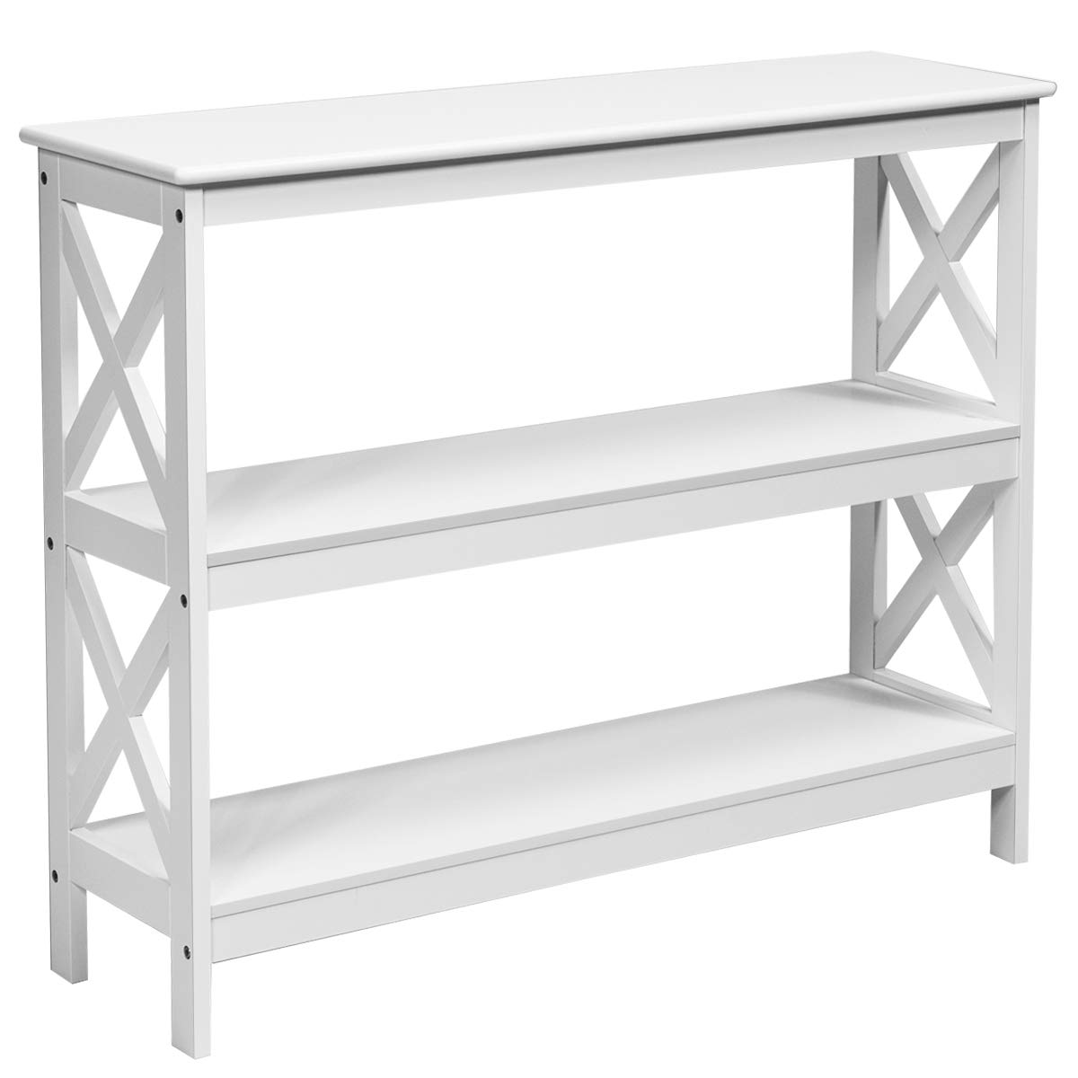 GOPLUS Consola de 3 Pisos, Mesa Estrecha de Pasillo, Mesa Auxiliar de Madera, Estable con Barra de Apoyo Lateral en Forma de X, Estilo rústico, barnizada y fácil de Limpiar, para Pasillo, salón