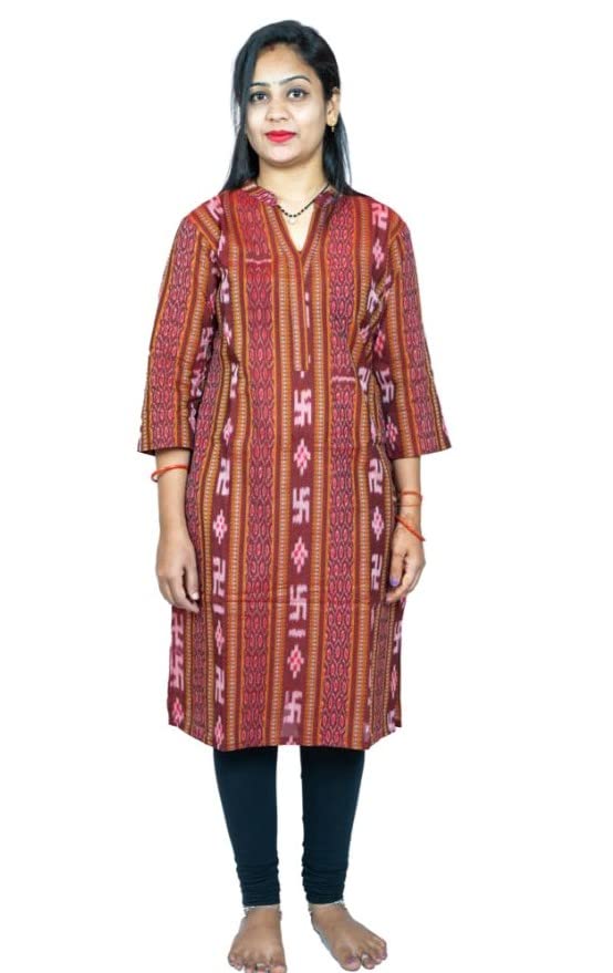 Amfyn Women's Sambalpuri Certified Handloom Pure Cotton Straight Kurti (Maroon) main image 0
