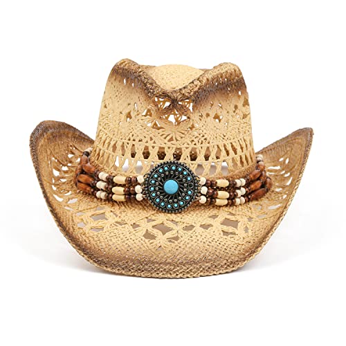 Tovoso Straw Cowboy Hat For Women And Men With Shape-It Brim, Western Cowboy Hat, Turquoise/Beads - Tea Stain #TOP2