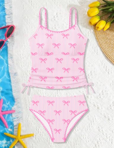 Image of Girls Swimsuit Solid Color Tankini Contrast Trim Swimwear 2 Piece Bathing Suit Padded Swimsuits for Teens 9-16Y