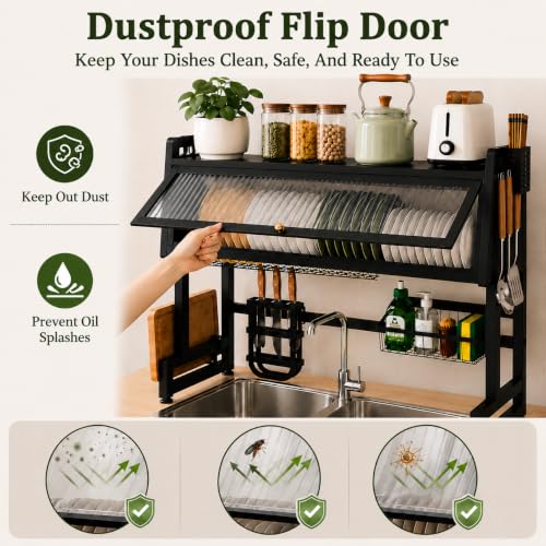Image of COMFYHOME Over the Sink Dish Drying Rack for Kitchen More Sturdy Stable with Lid 105cm, Rust-Proof Durable, Features Knife Rack, Cutting Board Holder, Storage Basket Ideal for Dish Drainer Large Size