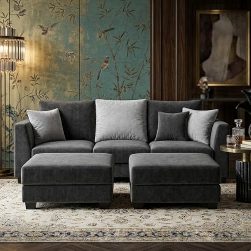 Image of SOCOZI Evanto 5 Seater L Shape Sofa Set with 2 Movable Ottomans | Flexible Layout| Soft Velvet Suede Fabric|Modern Sofa | Plush Comfort Cushions for Living Room (Dark Gray-Light Gray)
