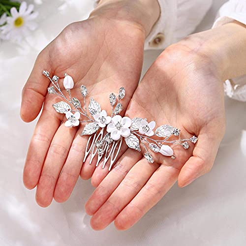 Unicra Bride Silver Wedding Hair Comb Flower Bridal Side Comb Sparkly Crystal Hair Piece Leaf Hair Accessorie For Women And Girls #TOP1