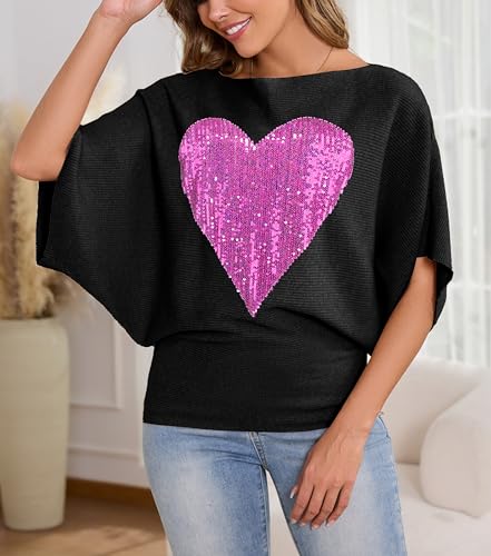 Image of PESION Womens Sequin Dolman Sweaters Short Sleeves Batwing Knitted Pullovers Tops Sweatershirts Blouses, Black+ Pink Heart