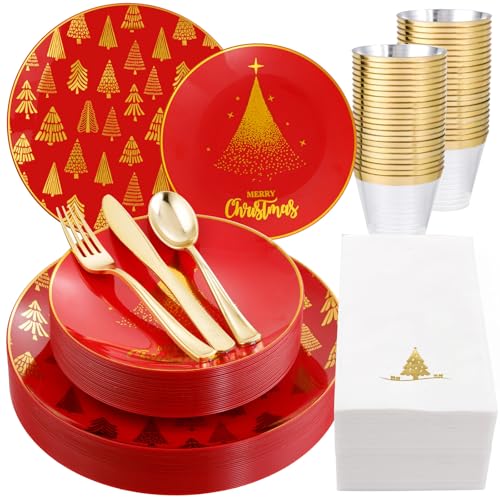 Hioasis 175pcs Christmas Plastic Plates - Elegant Disposable Dinnerware Set Suitable for 25 Guests Include 10.25 Hioasis 175pcs Christmas Plastic Plates - Elegant Disposable Dinnerware Set Suitable for 25 Guests Include 10.25