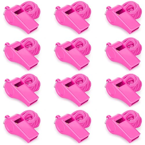 Hipat 12 Pack Pink Loud 120dB Plastic Whistles with Lanyard High-Pitched Safety Whistle for Sports Coaching and Collective Entertainment