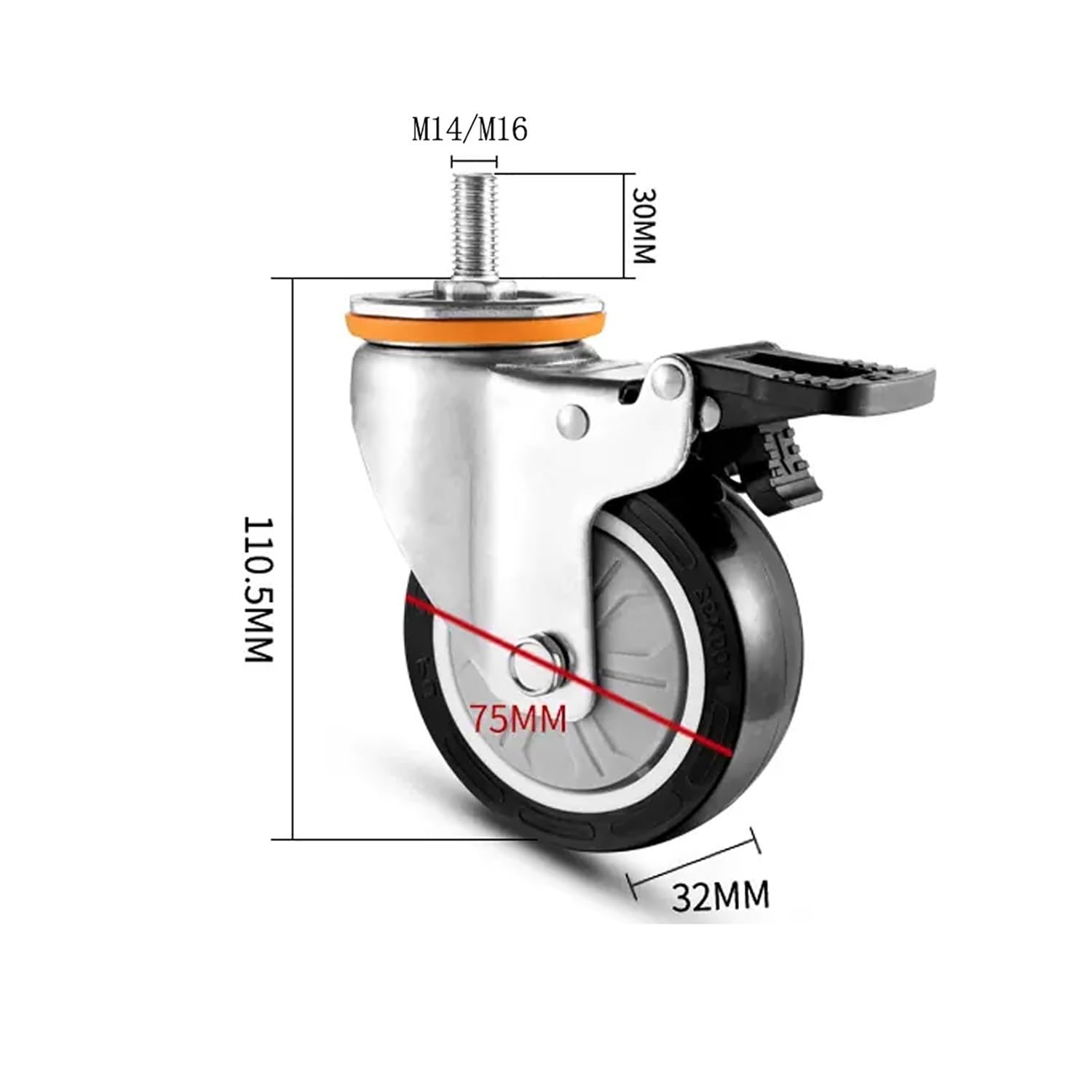 M14/16 Rotelle Girevoli con Perno Filettato, Set di 4 Ruote Pivotanti in Poliuretano, 75mm Rotelle for Mobili, Pesanti Ruota con Bloccaggio Totale for Carrello, Industriali Rotelle(With Brake