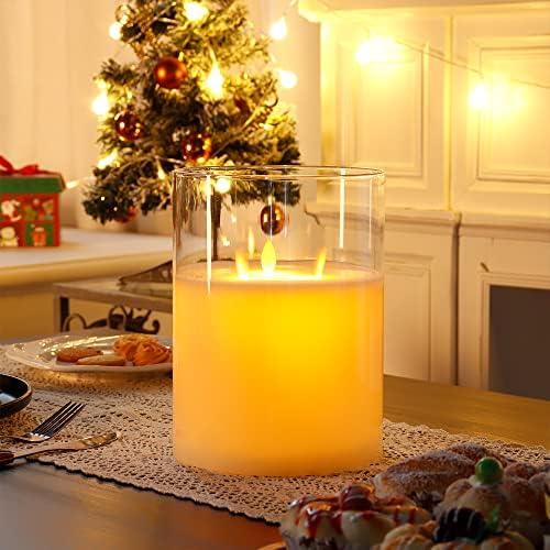 JHY DESIGN Large 3 Wicks Glass Candle Battery Operated with 6-Hour Timer, 20cm Dia Swing 3D Effect Flickering Battery Candle for Festival Party Christmas Winter (White)